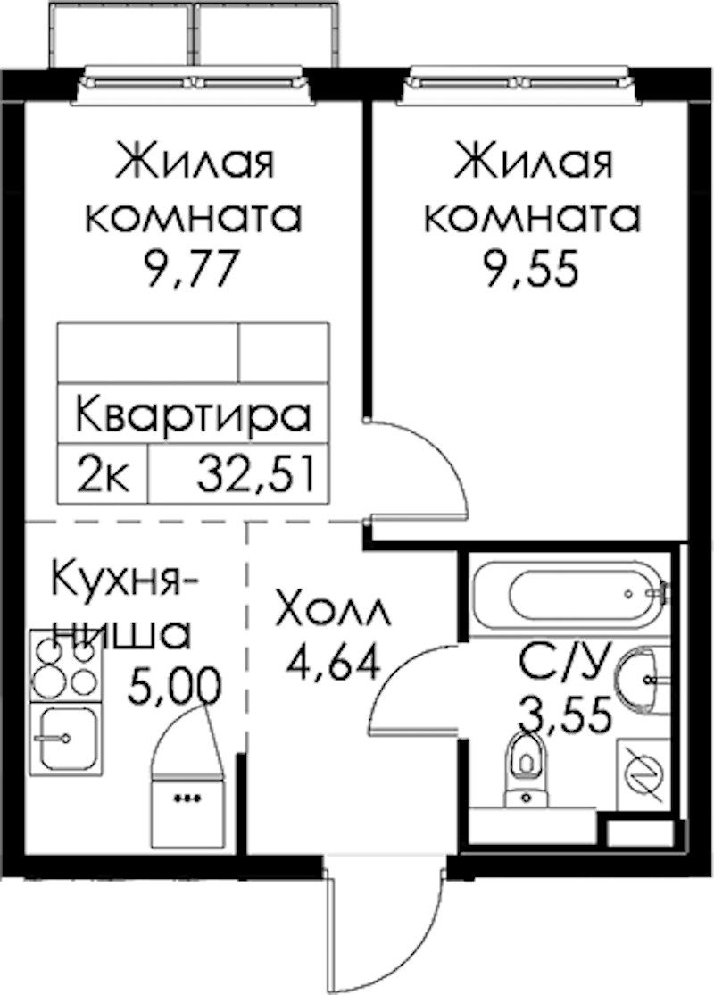 1-комнатная квартира 32.51 м², 6/15 эт., ЖК «Янинский лес»